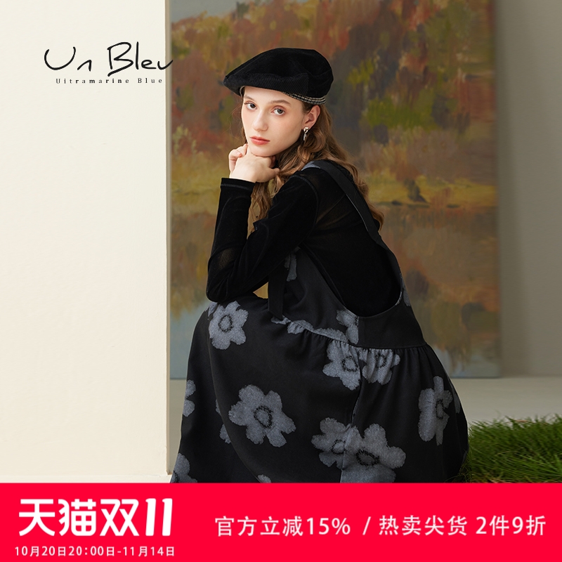 UnBleu美拉德黑色背带裙印花女装