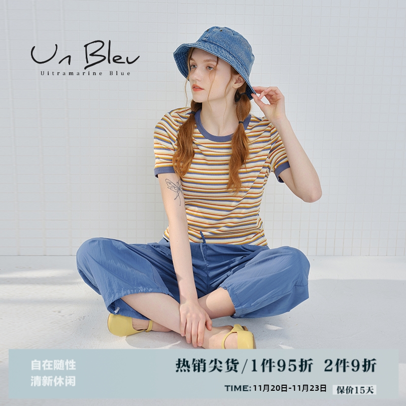UnBleu条纹t恤女短袖正肩显瘦