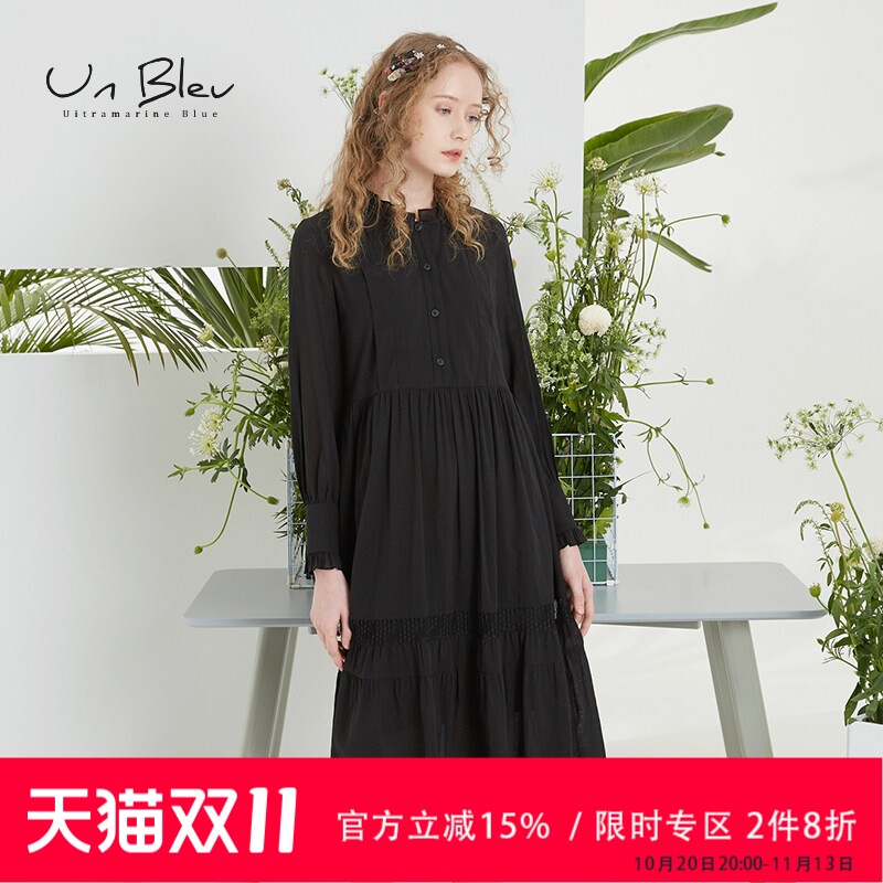 unbleu长袖连衣裙女原创设计春秋新款黑色宽松女装法式高级感裙子