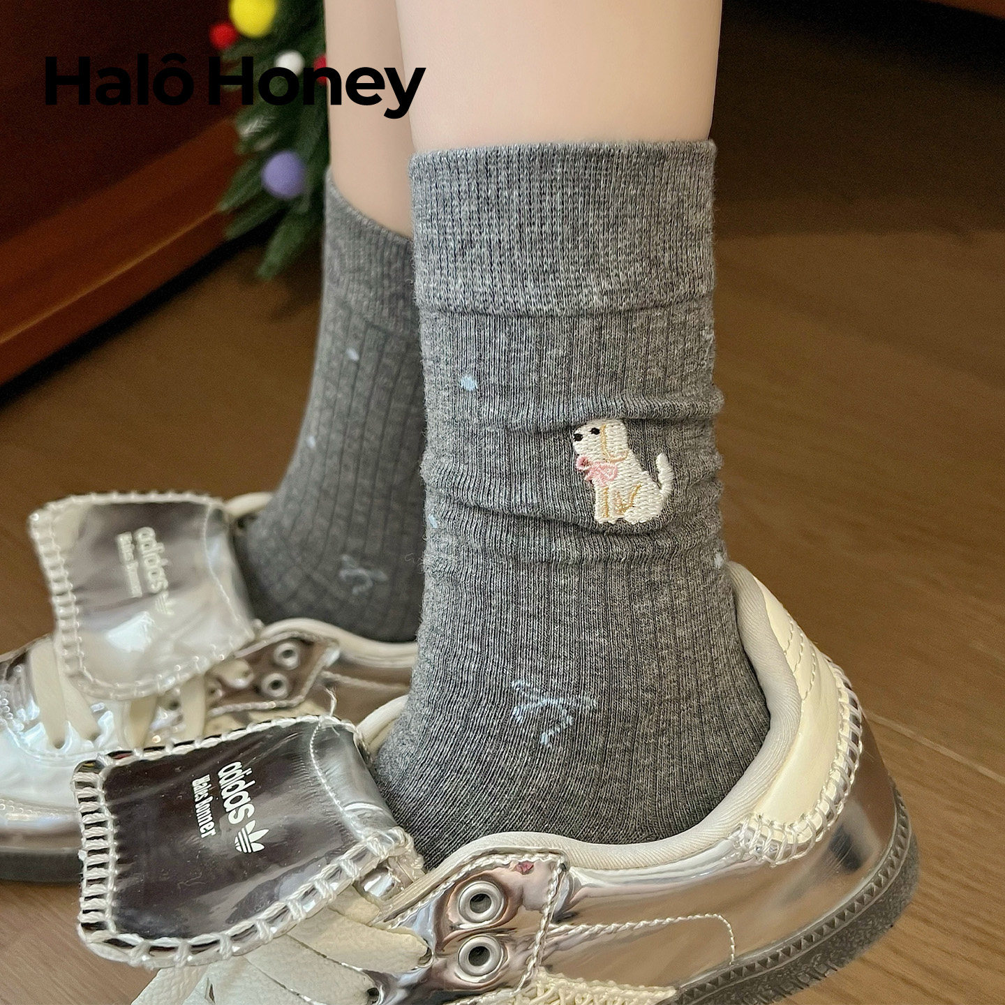小狗刺绣灰色袜子女中筒袜ins潮纯棉春秋款日系卡通可爱堆堆长袜