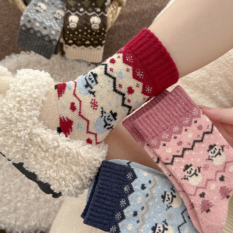 圣诞小雪人费尔岛风冬季羊毛中筒女袜多巴胺撞色加厚保暖长袜