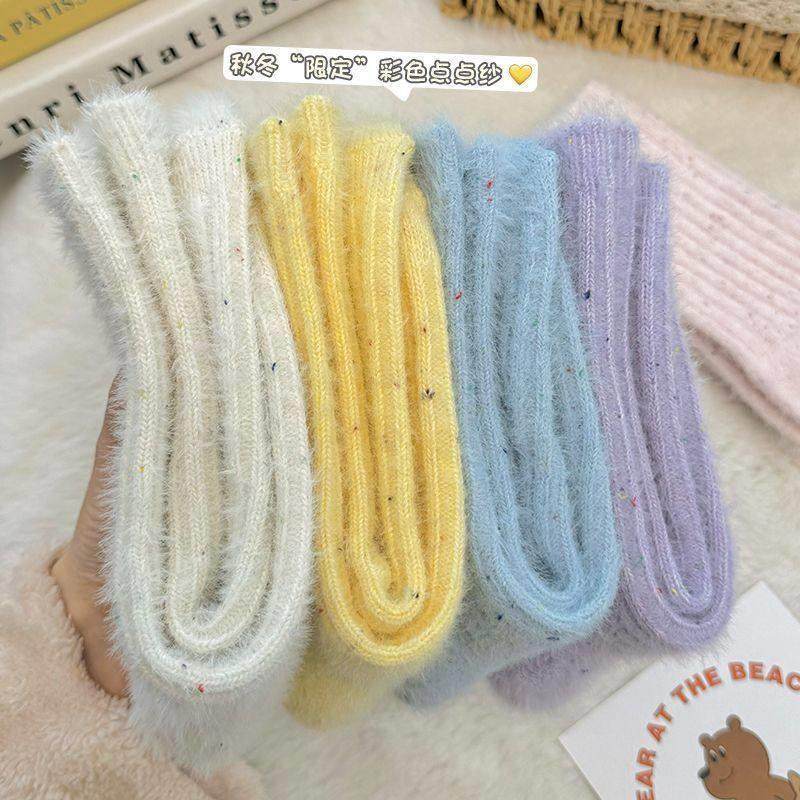 48JV2Tgy秋冬季日系彩女色点子羊绒袜袜子纯色中筒厚保暖加堆堆长