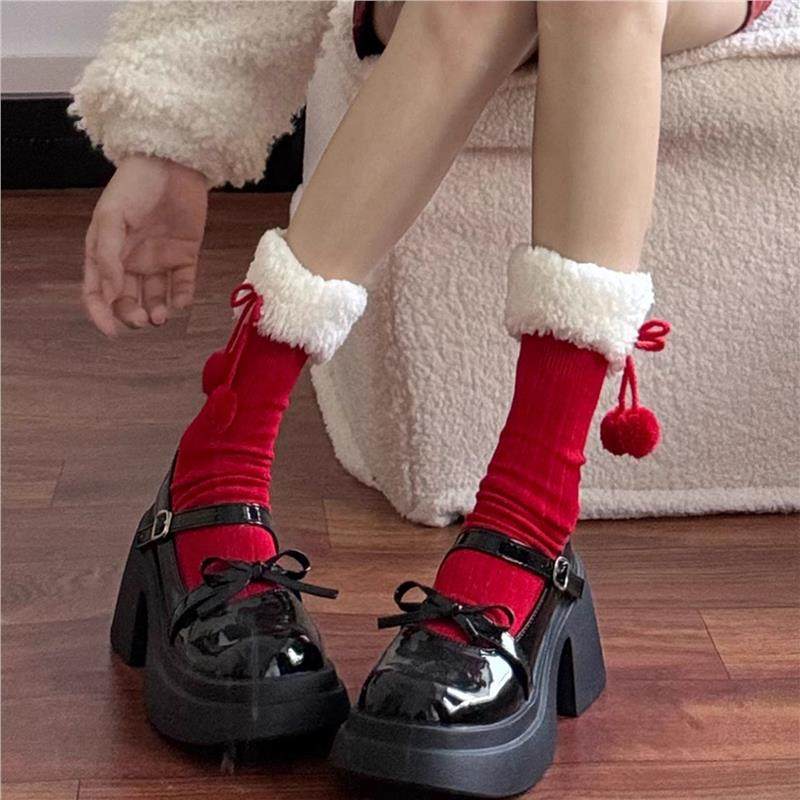 毛绒厚袜子女款秋冬红色中筒袜可爱蝴蝶结毛球本命新年保暖长袜子,女士内衣/男士内衣/家居服,长筒袜,淘宝优惠券,粉丝福利购,淘宝优惠卷