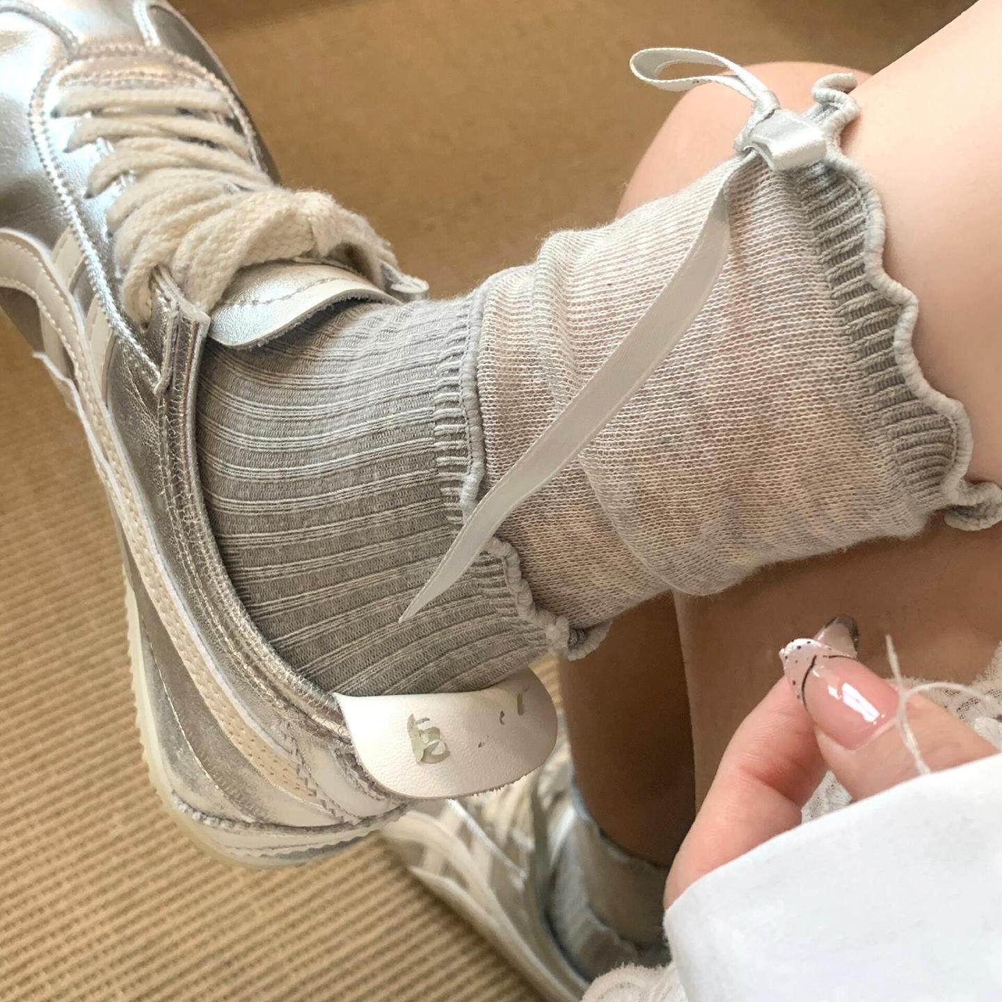 超美自留~芭蕾风蝴蝶结韩系白灰网纱袜中筒袜日系泡泡袜蕾丝袜