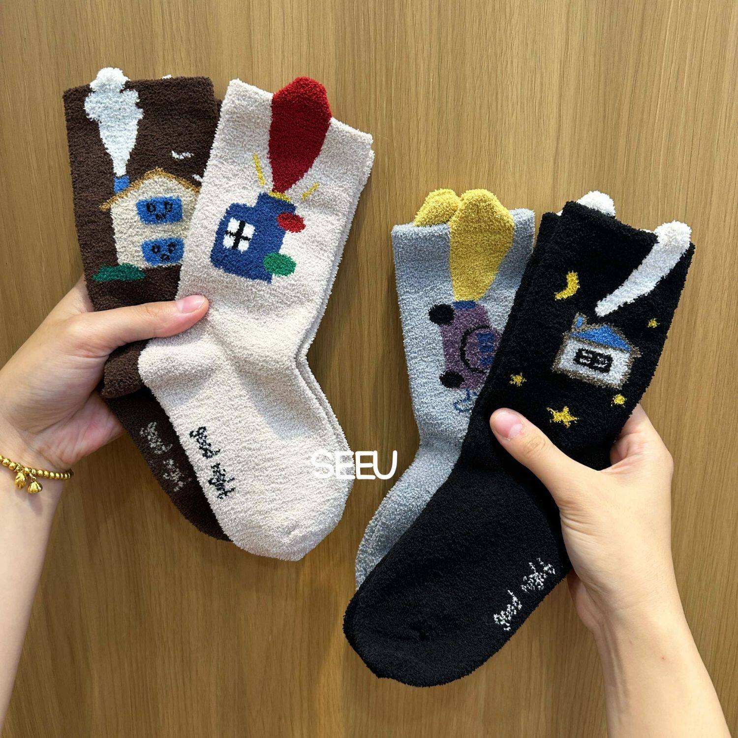 儿童男童加厚袜子秋冬新款卡通汽车小屋半边绒袜冬季保暖宝宝中筒