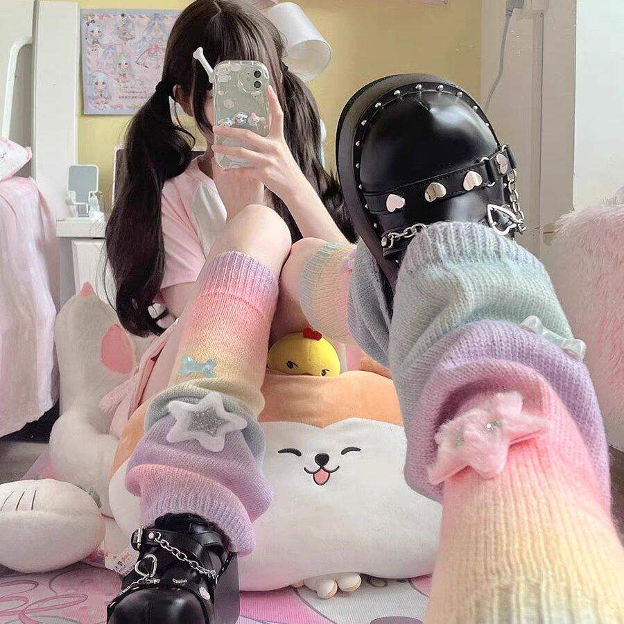 新品时尚彩虹渐变色腿套多巴胺小腿袜套可爱骨头星星堆堆袜子女