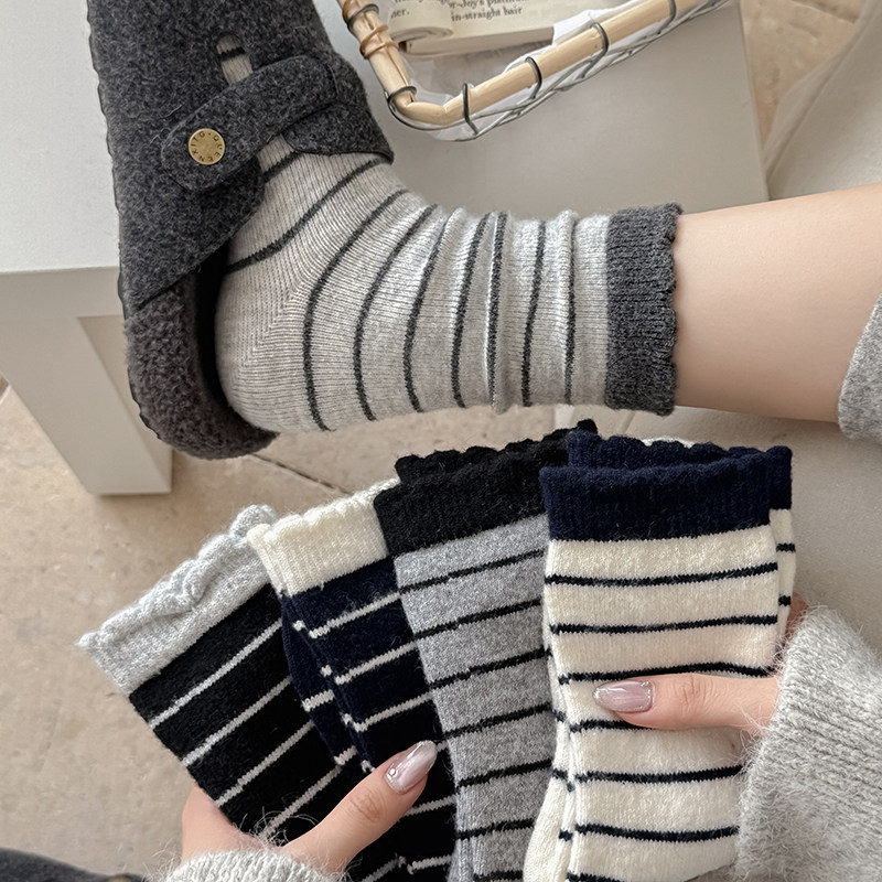 保暖条纹韩版羊绒中筒袜