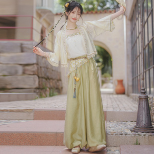 云藏月绣 白茶茉莉 原创绿色国风唐背子吊带灯笼裤汉元素套装夏秋