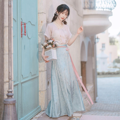 天丝圆领短袖一片式九破裙汉服套