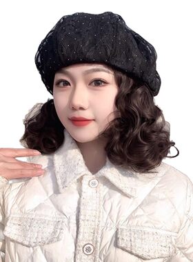 帽子假发一体新款烫钻八角蓓蕾帽子女韩版蕾丝卷发复古画家贝雷帽