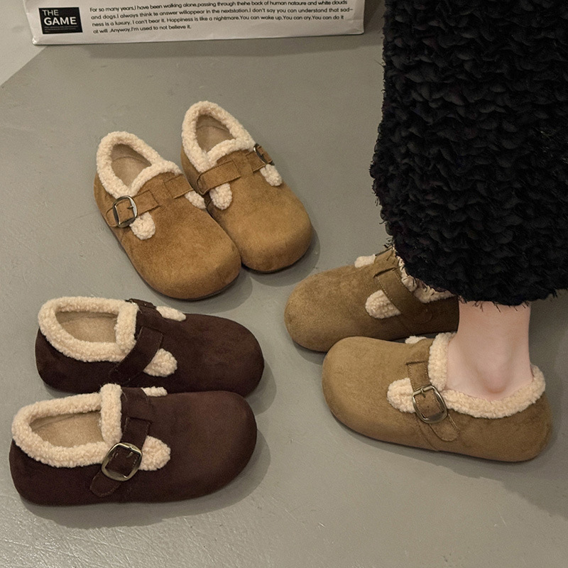 勃肯鞋搭配裤子女士厚底2025新款毛毛呢加绒加厚软底小个子棉鞋冬