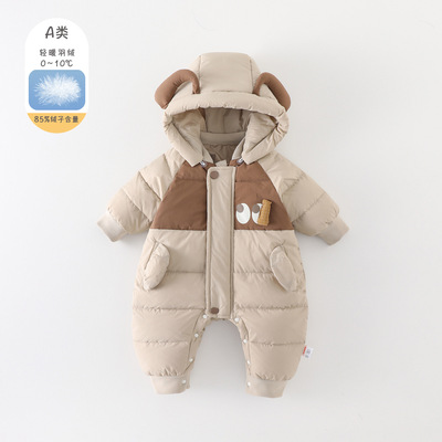 连体羽绒服男宝男女孩婴幼儿外出哈衣冬季加厚小月龄冬装超萌可爱