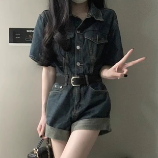甜酷风牛仔连体短裤 女夏季 复古港风小个子收腰显瘦卷边阔腿连衣裤