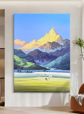 日照金山纯手绘油画客厅抽象绿色草原风景装饰画玄关自然风光挂画