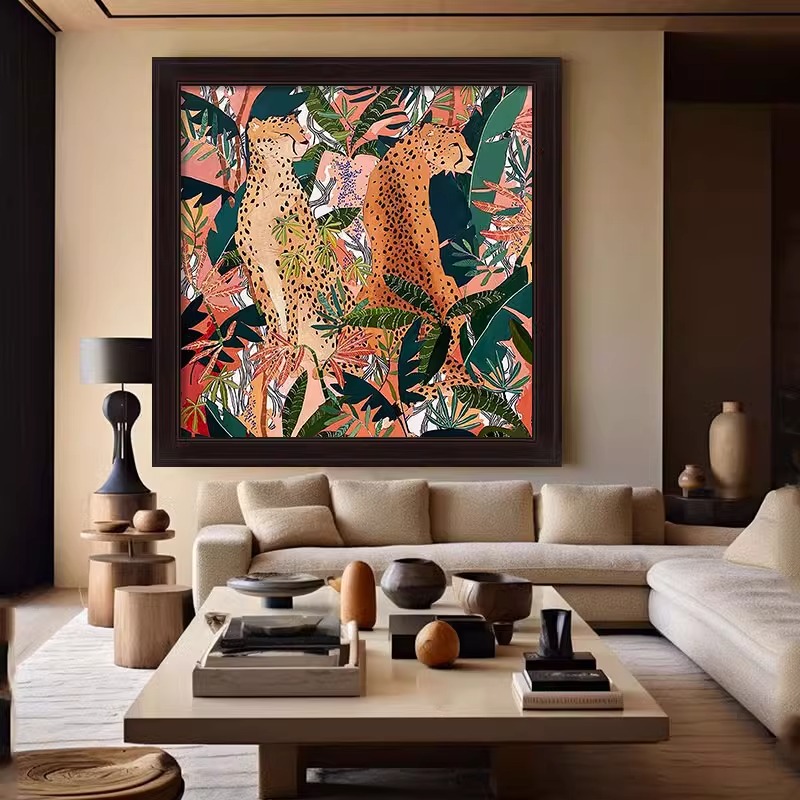 中古风美洲豹富客厅肌理装饰画小众艺术动物手绘油画植物书房挂画图片