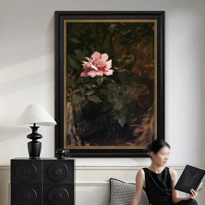 中古风客厅玫瑰纯手绘油画美式装饰画复古玄关法式餐厅挂画高级感