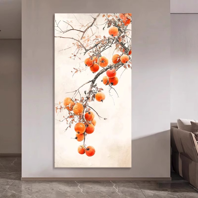 新中式柿子纯手绘油画事事如意装饰画入户玄关客厅水果肌理画挂画图片