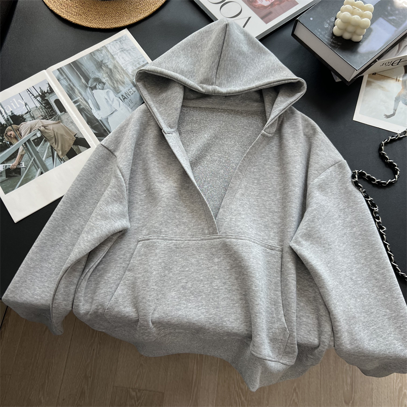 极简慵懒连帽深V领套头卫衣女