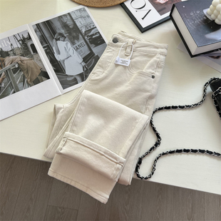 私藏单品！米白牛仔裤女冬季植绒保暖显瘦小个子九分直筒烟管裤