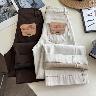 显瘦小个子棕色加绒牛仔裤女冬季