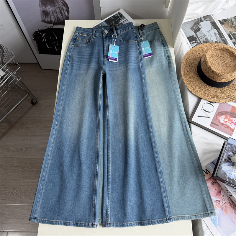 超模牛仔~无敌好穿 版型赞 高腰四面弹宽松阔腿牛仔裤微喇长裤春