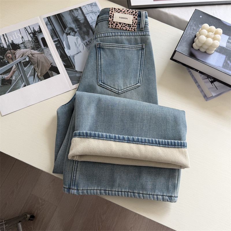 高定版！密密绒~浅蓝色阔腿牛仔裤女 加绒保暖宽松直筒长裤冬季,女装/女士精品,牛仔裤,淘宝优惠券,粉丝福利购,淘宝优惠卷