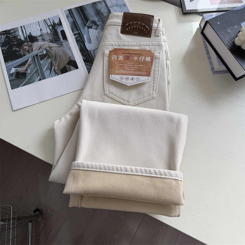 上身秒瘦！~奥利绒窄版直筒牛仔裤女冬季弹力百搭宽松阔腿拖地裤