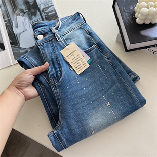 梦幻满天星！重工烫钻窄版时髦牛仔裤女 宽松显瘦秋款直筒阔腿裤