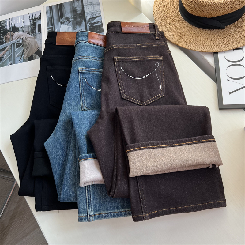 复古咖啡色九分法棍裤