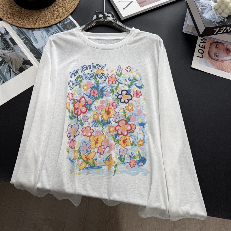 莱赛尔神tee!白色印花长袖T恤女夏季薄款宽松百搭防晒罩衫上衣