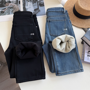 直腿滤镜！！加绒四面弹九分直筒牛仔裤女冬季 显瘦法棍裤烟管裤