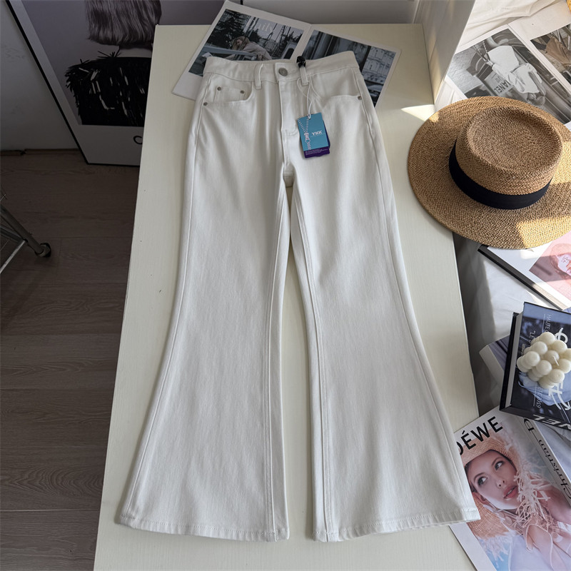腿精秘籍！四面弹高腰九分微喇牛仔裤白色小个子修身弹力裤女春季