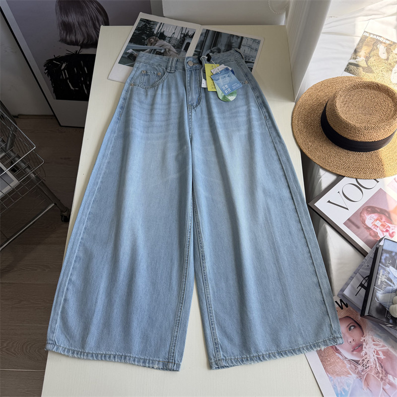 夏日薄料凉感亚麻  牛仔裤显瘦宽松小个子八九分阔腿裤复古老爹裤