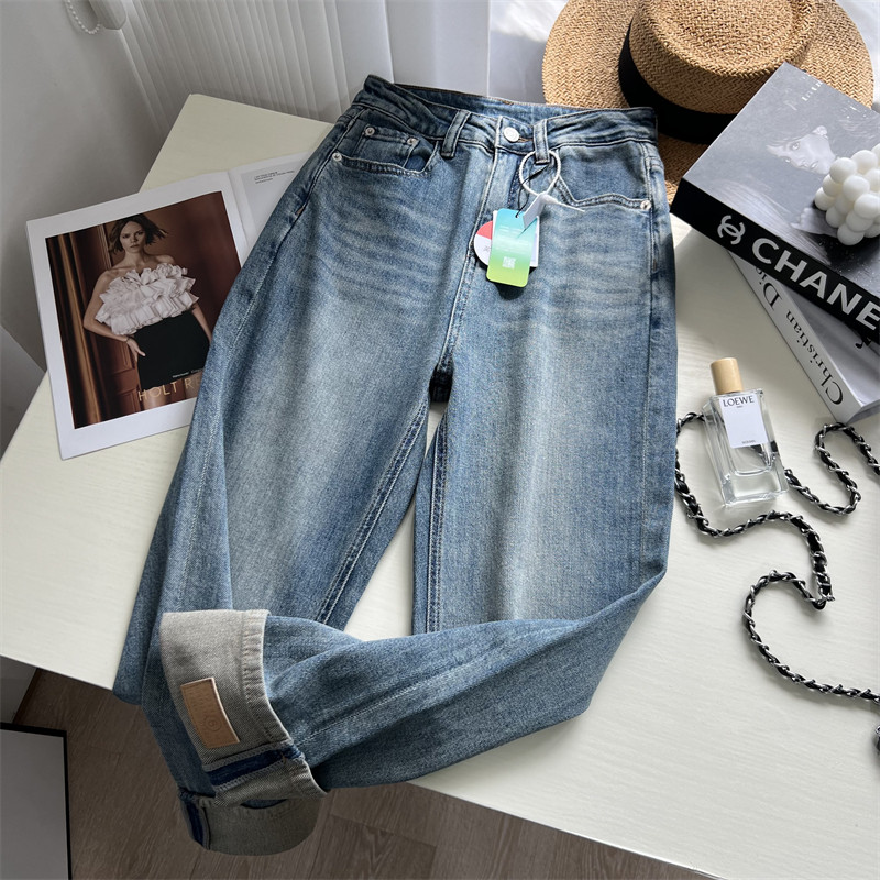 港风时髦大翻边~！复古有腔调怀旧蓝 窄版阔腿裤九分直筒牛仔裤女