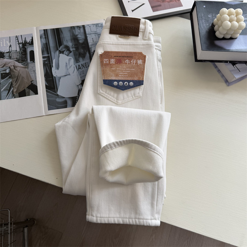 口碑推荐~冬季加绒四面弹直筒牛仔裤女通勤百搭气质小个子九分裤