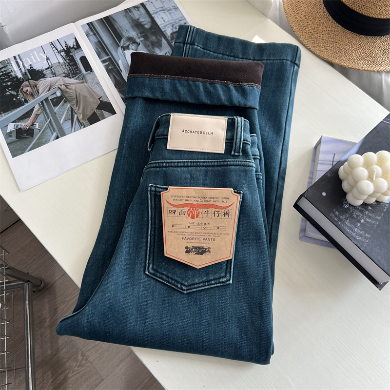 一条过冬！加绒加厚四面弹阔腿裤女版型超好看九分直筒牛仔裤冬季