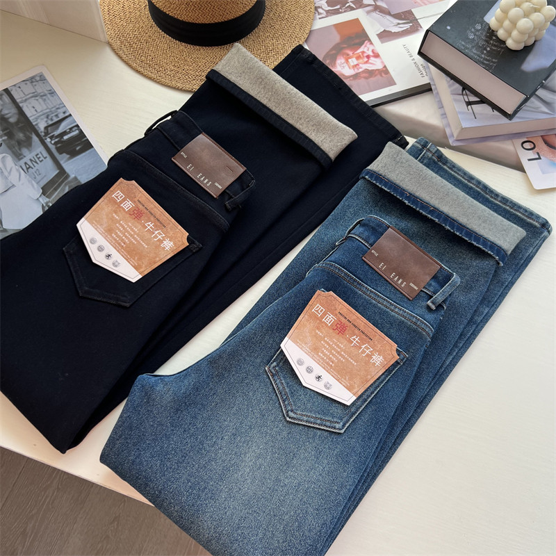 加绒窄版直筒牛仔裤女冬季