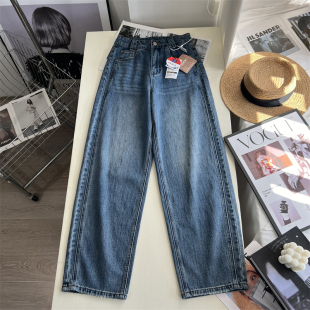 立体侧缝剪裁树皮皱牛仔直筒裤 小弯刀阔腿裤 女 窄版 时髦酷飒感