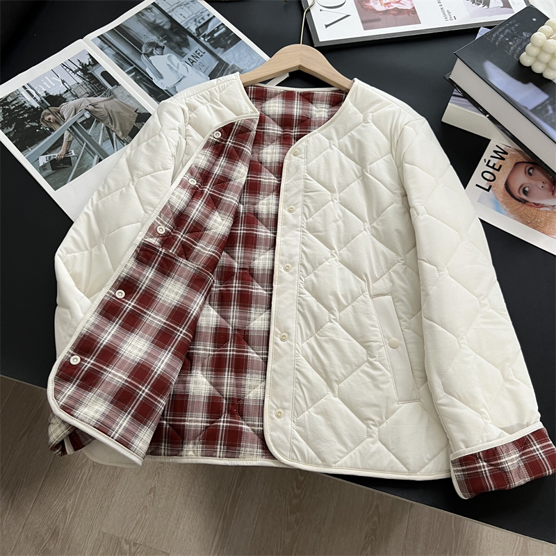双面穿 设计感~！日系简约菱形格保暖休闲棉衣外套绵羊毛夹棉棉服