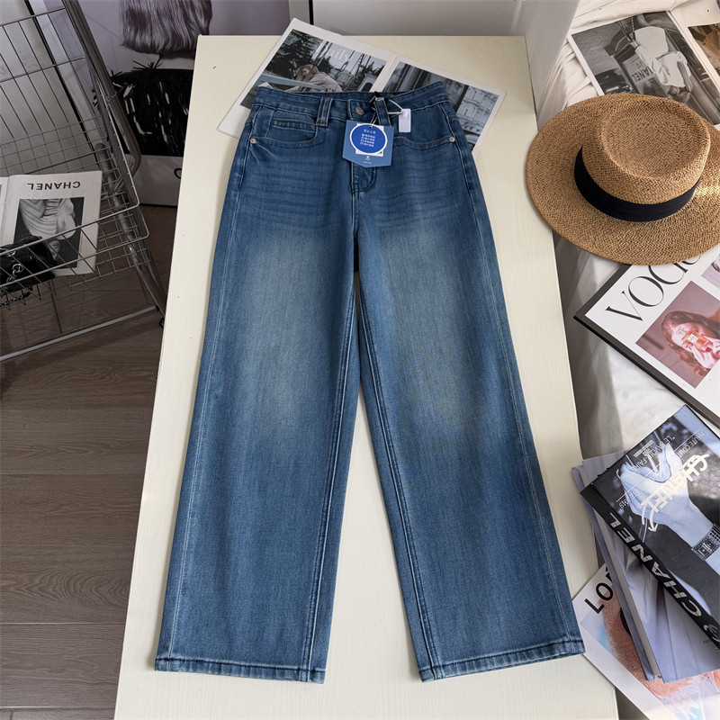 ”腿直滤镜“小个子高腰弹力阔腿奶奶裤春季新品直筒九分牛仔裤女