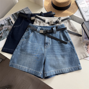 四面弹高腰牛仔阔腿短裤女夏季