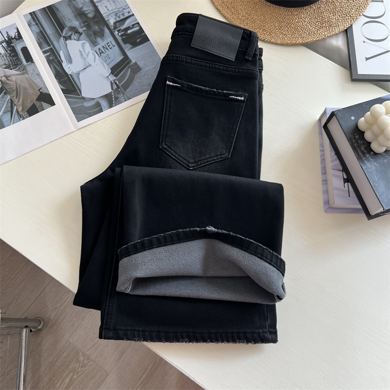 时髦好穿~！小微喇加绒牛仔裤女秋冬 直筒宽松窄版阔腿长裤