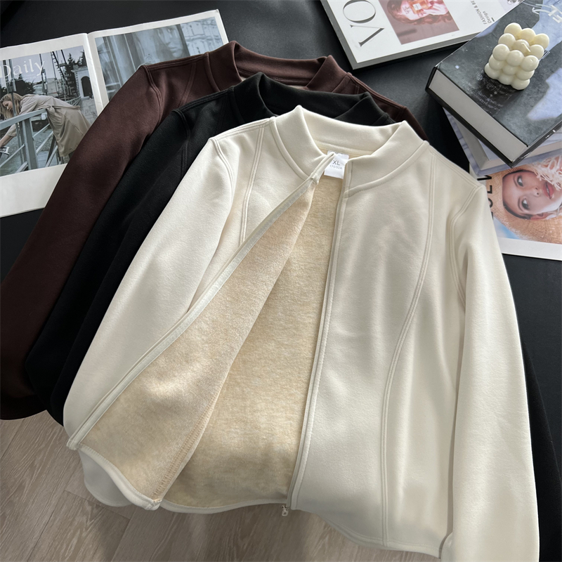 羊毛绒桑蚕丝立领修身卫衣外套