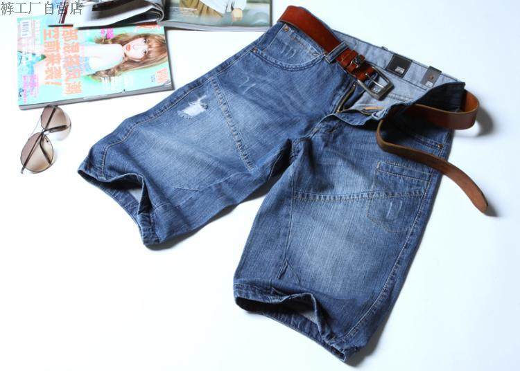 夏季磨破水洗牛仔裤男士夏天破洞磨白五分裤薄款修身男牛仔短裤潮