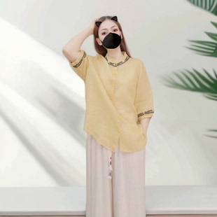 夏季 宽松大码 洋气减龄轻薄款 女吸汗透气苎麻衬衫 103 中袖 T恤短袖