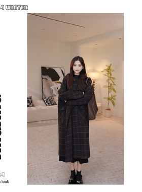 双面呢格子外套小个子连帽韩版复古大衣28D142