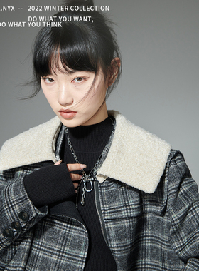 L.NYX2022冬｜暗黑甜酷黑灰色格型不对称原创设计双面尼短外套