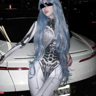 赛博朋克机械姬印花高领长袖连衣裙性感辣妹连体裤cos演出服装女