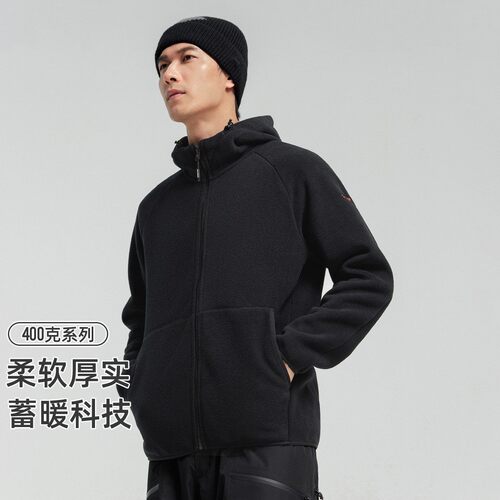 拓路者摇粒绒男冬季款户外立领连帽上衣保暖加厚简约百搭抓绒衣