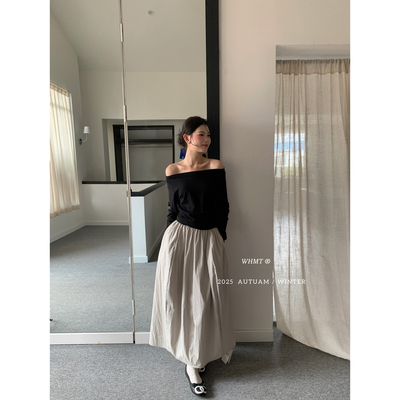 RS.WHMT-秋上新韩系复古撞色拼接一字肩收腰显瘦长袖连衣裙Q1112